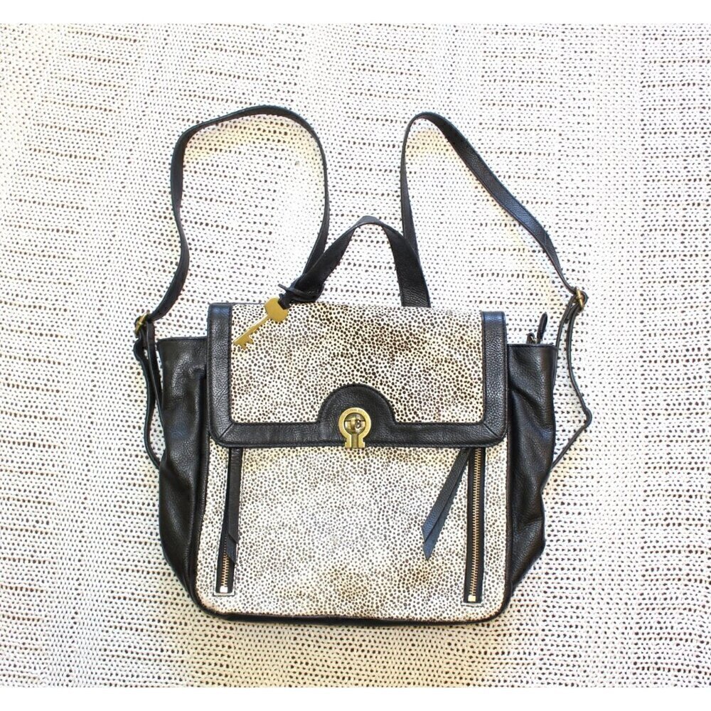 Fossil Amelia Genuine Calf Hair Trim Leather Backpack Black & White animal print